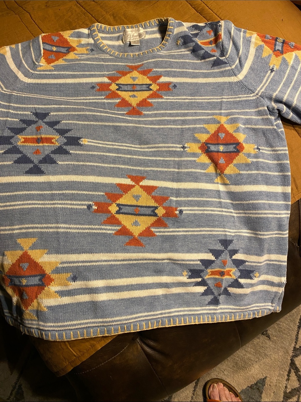 Women’s Light Blue Southwestern Knit Sweater with Geometric Motif